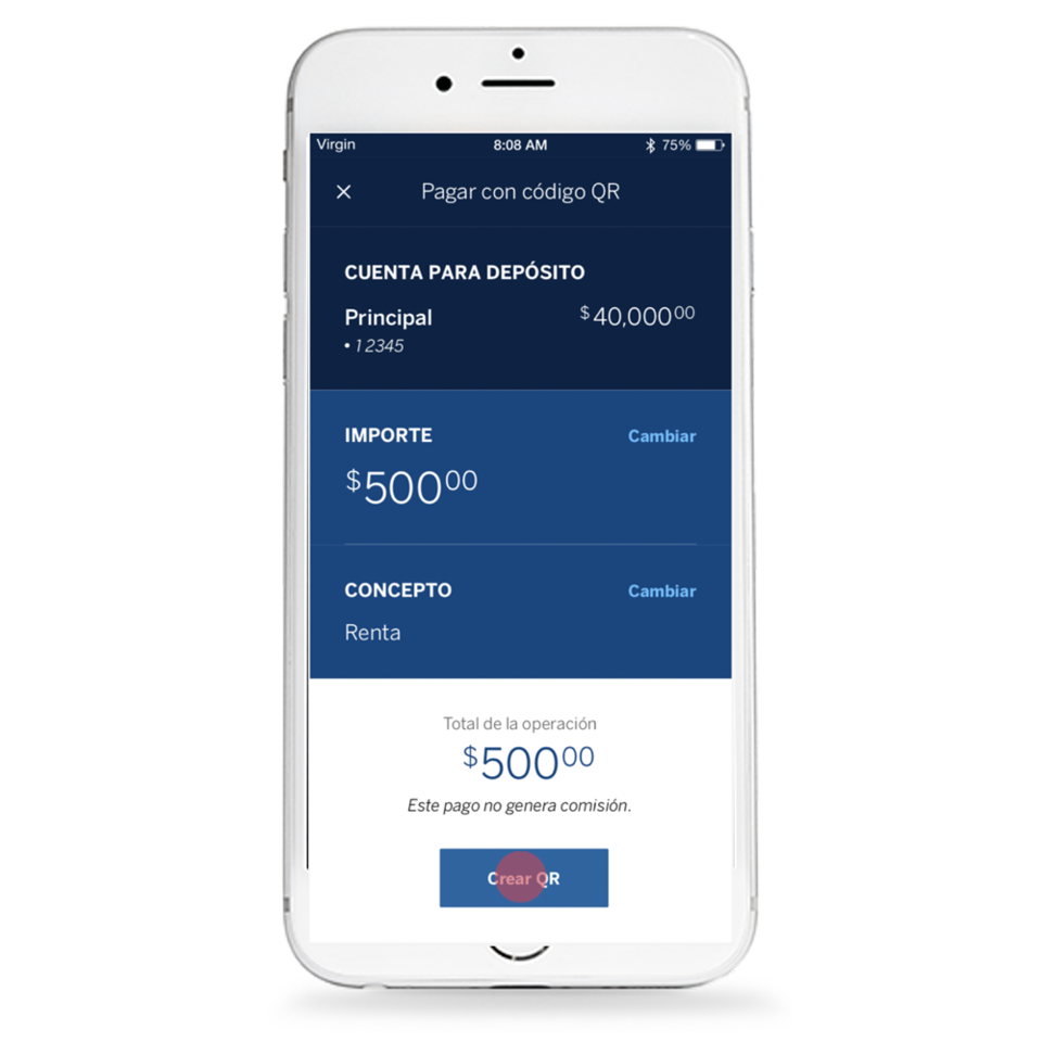 Pantalla captura de importe, crear código qr
