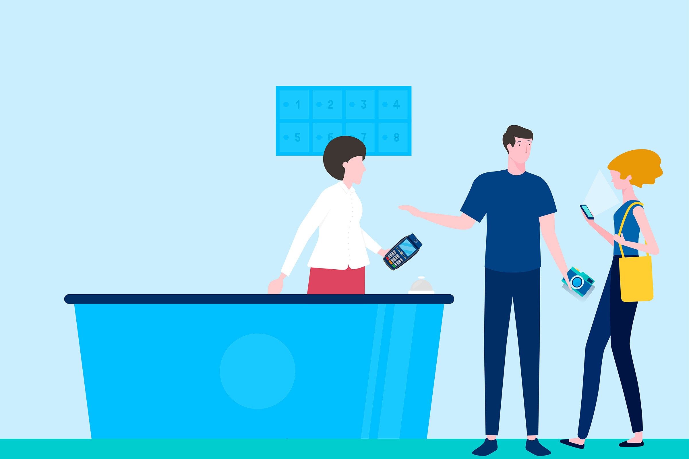 Persona pagando con tarjeta y cajera cobrando con TPV