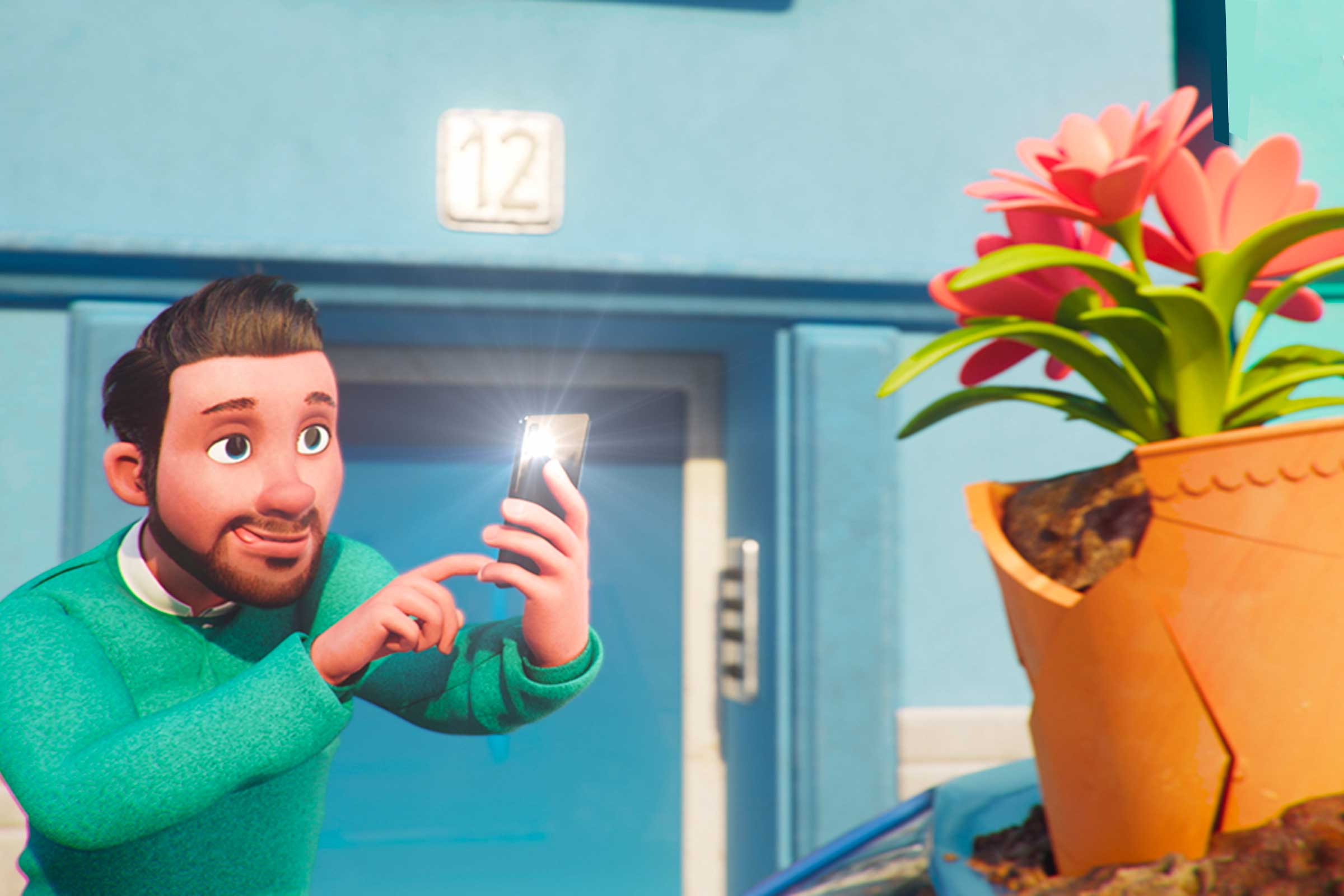 Ilustración de hombre tomando foto con su celular a una maceta que cayó en su coche